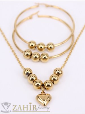 ТОП модел комплект стоманени халки 6 см с топчета и колие 50 см  с красиво сърце 1,2 см и малки топчета 0,8 см, златно покритие- KO2100